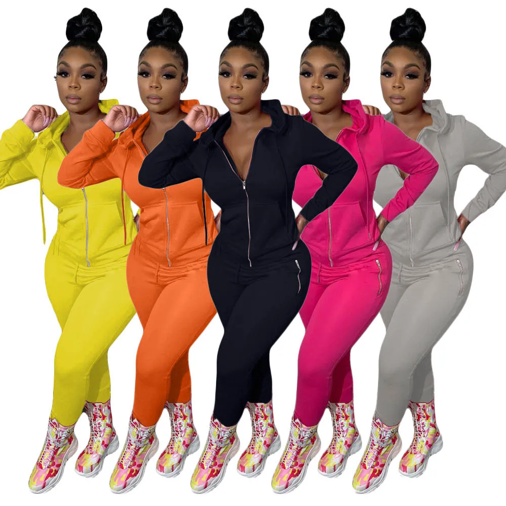 

custom logo zipper jogger tracksuit 2 piece hooded women sweatsuit, Black, blue, gray, wine red, orange, pink, yellow, green
