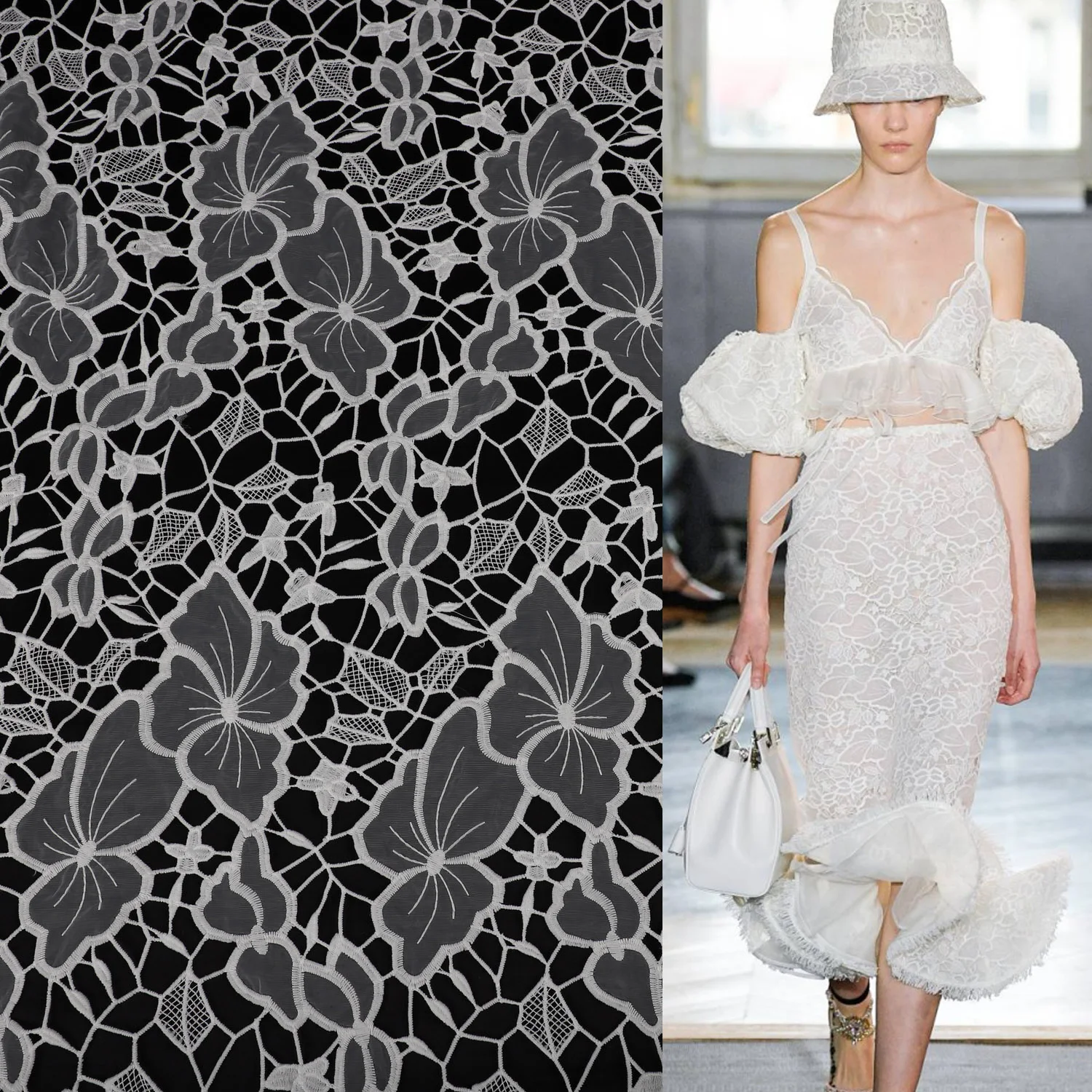 

Yanzi Clothing Fabric White Eyelet By the Yard Flower Design Hollow Out Clothing Milk Silk Fabric