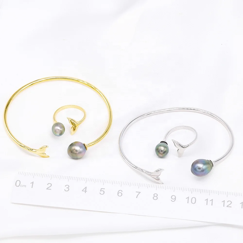 

9-12mm 925sterling silver gold plated wholesale real tahitian pearl bangles salt water fancy jewelry resizable for women