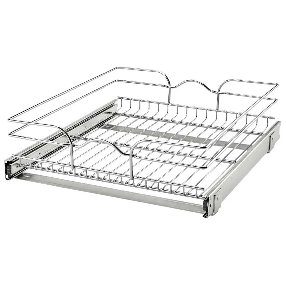 

ORR121 Single Wire Basket Pull Out Shelf Storage Organizer for Kitchen Base Cabinets, Silver, Sliver