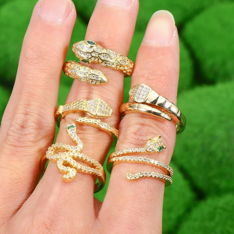 

Vintage 18k gold plated snake shape geometric crystal zircon adjustable open index finger rings stack jewelry women
