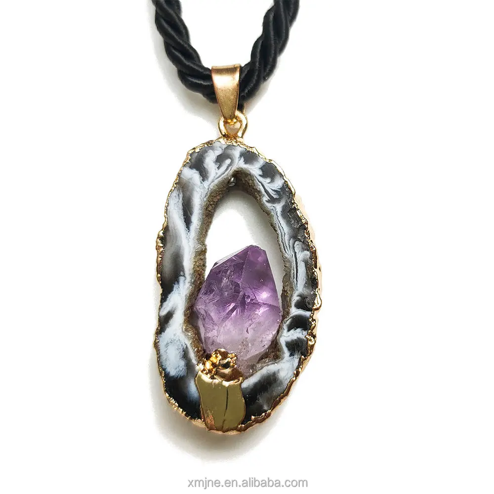 

Certified Aliexpress Brazilian Agate Rough Hollow Crystal Hole Slice Necklace Inlaid With Amethyst Teeth Pendant