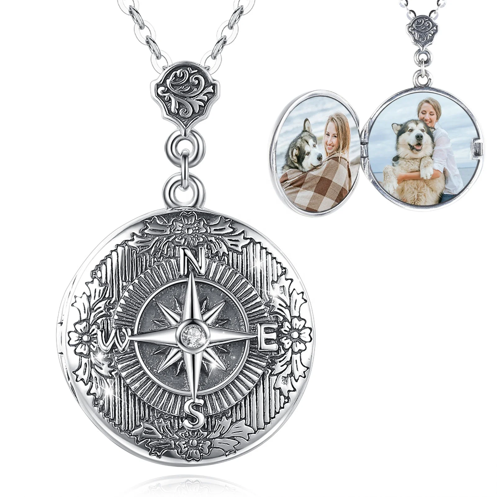 

Isunni S925 Sterling Silver Compass Embossed Design Locket Necklace That Holds Pictures For Women