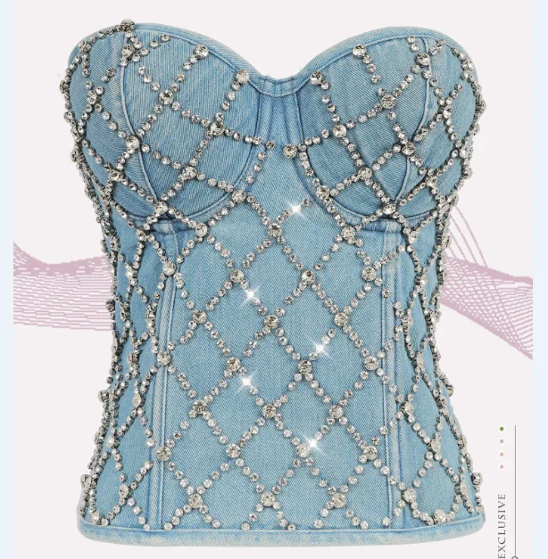 

BR255 Amazon top high quality shining diamond-stud all denim sexy jean top corsets