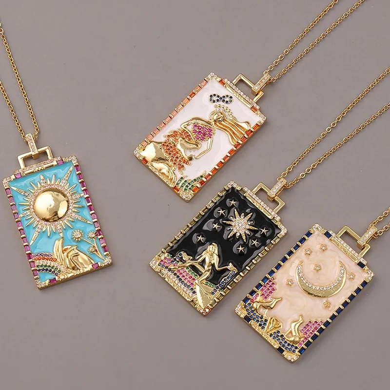 

Multi Colors Enamel Women Copper Tarot Card Necklace 18K Gold Fashion Luxury 2021 Mermaid Star Moon Necklace