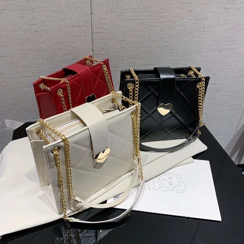 

Fashion female lattice heart lock chain strap shoulder square bags luxury begs woman handbag girl, 4 colors