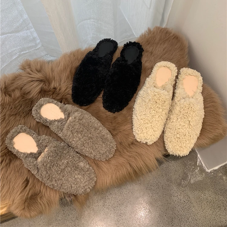 

New Fashion Soft Cozy Closed Toe Vegan Shearling Fluffy Lamb Fur Bedroom Slippers for Women, Black or as your request