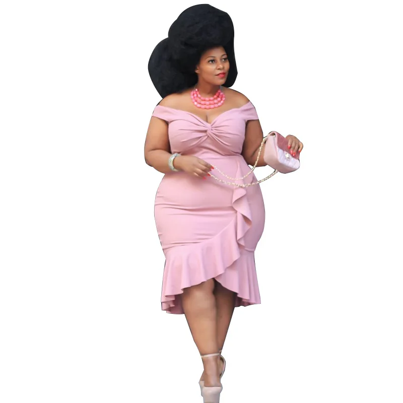 

Plus Size Women Fall Clothing Sexy V Neck Bodycon Off Shoulder Dress Bottom Ruffle Strapless Ruched Casual Dress Women