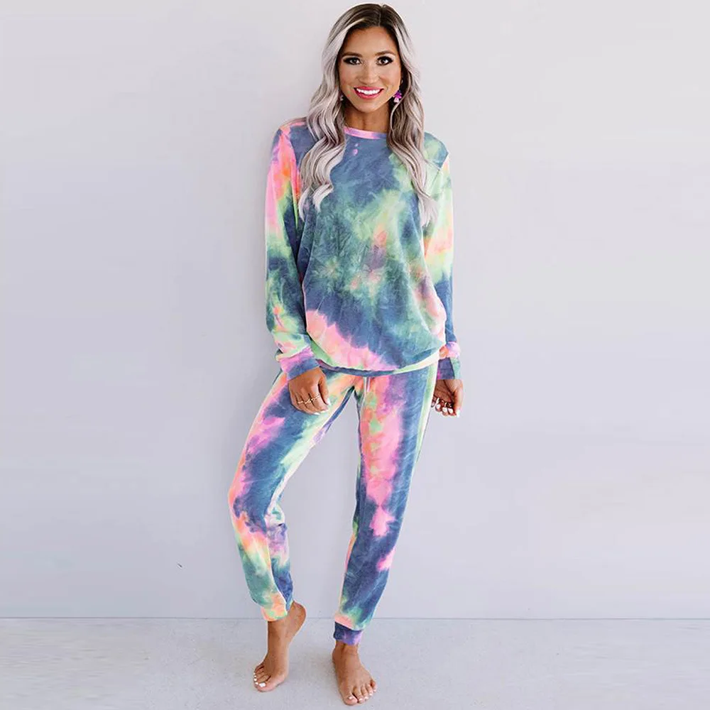 

High Quality Pajamas Tie Dye Pyjamas Ladies Pijama Femme Fall Sleep Wear Home Wear Set For Woman Lounge Wear 2 Pcs