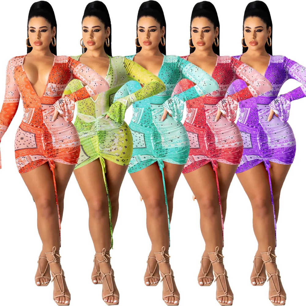 

casual dress women 2021 new summer wear clothing deep v-neck paisley evening sexy club wear mini dresses