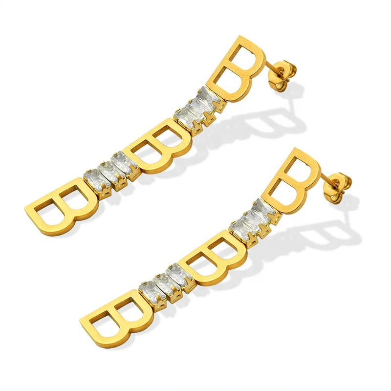 MARONEW Punk Long Zircon Alphabet Letter B Long Earring Stainless Steel Gold Plated Initial B Drop Earring For women