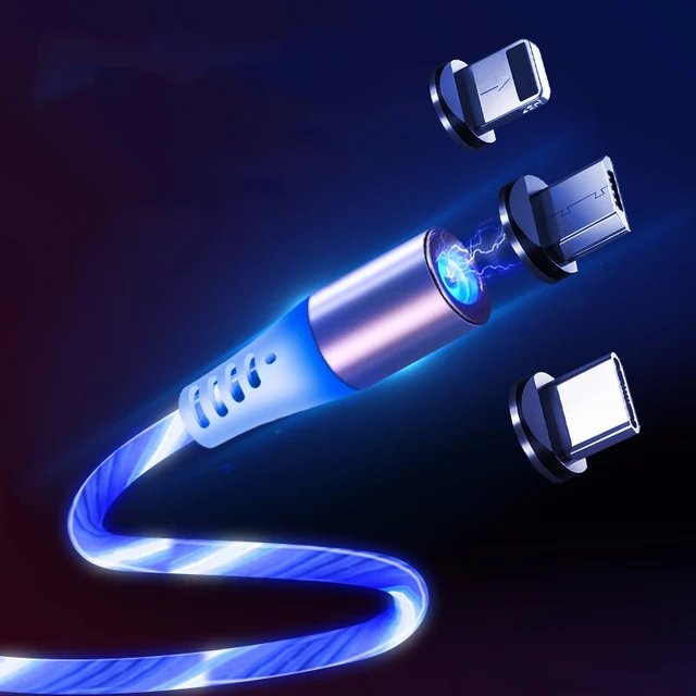 

Lazada Hot Sell OEM Manufacturer 3 in 1 LED Flowing Light 3A Super Fast Charge Magnetic Data Transmission Charging USB Cable