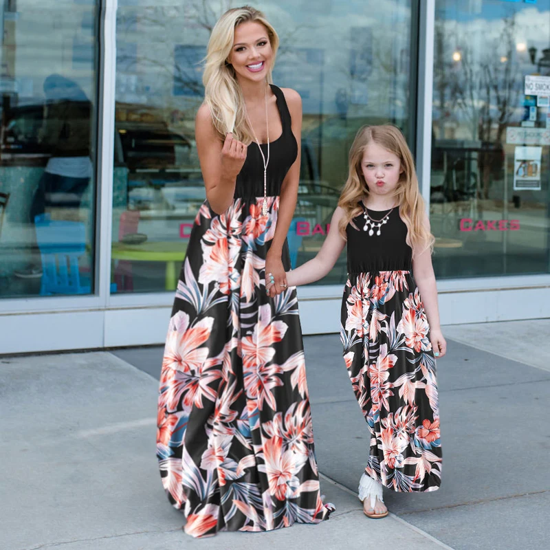 

Mom and Daughter Dress Sleeveless Casual Patchwork Flower Long Dress Mommy and me Outfits clothes Mother daughter dresses