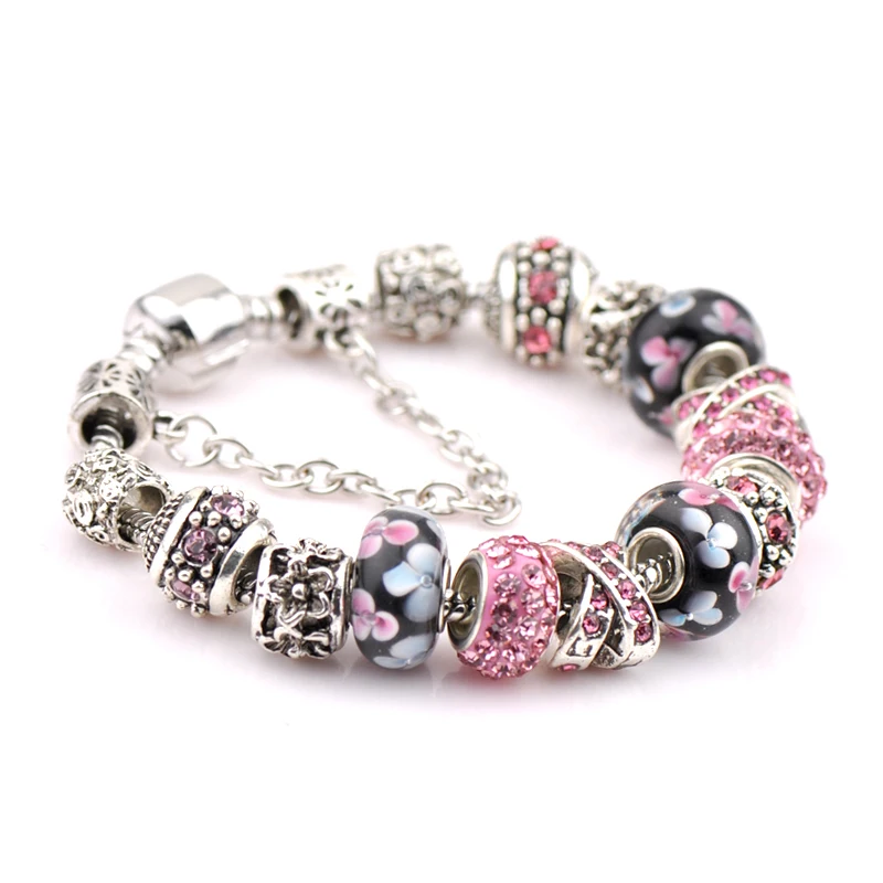 

925 Sterling Silver Wholesale Expandable Gemstone Silver European Beads Bangle Bracelet, Blue/pink/green/black