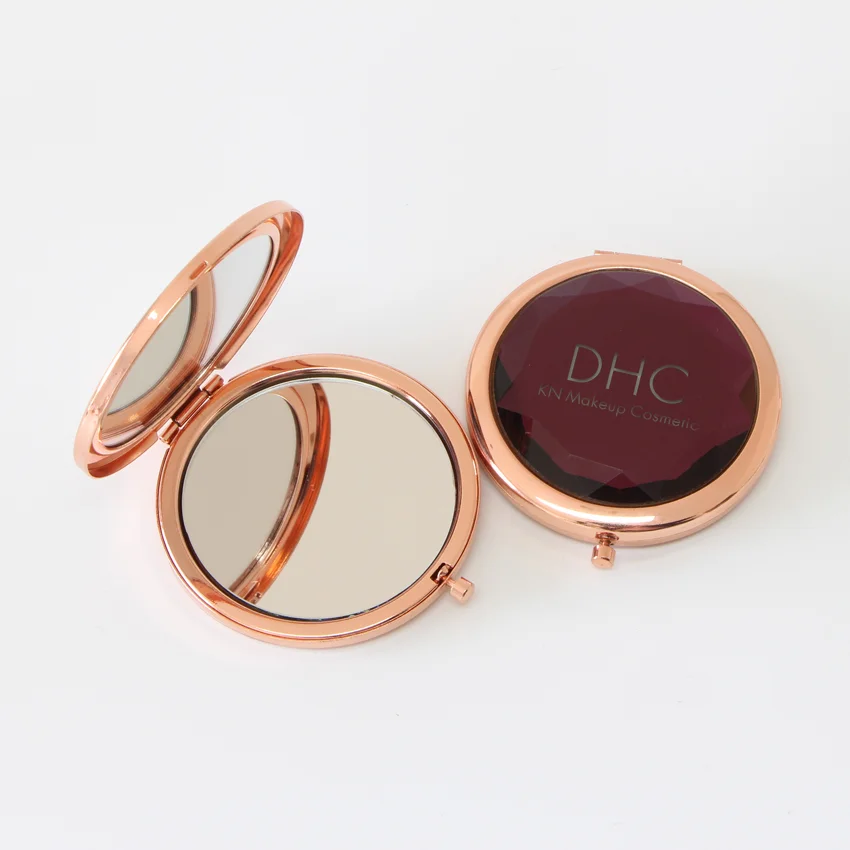 

Rose Gold Portable Metal Round Compact Custom Laser Logo Make Up Crystal Mirror, Silver frame