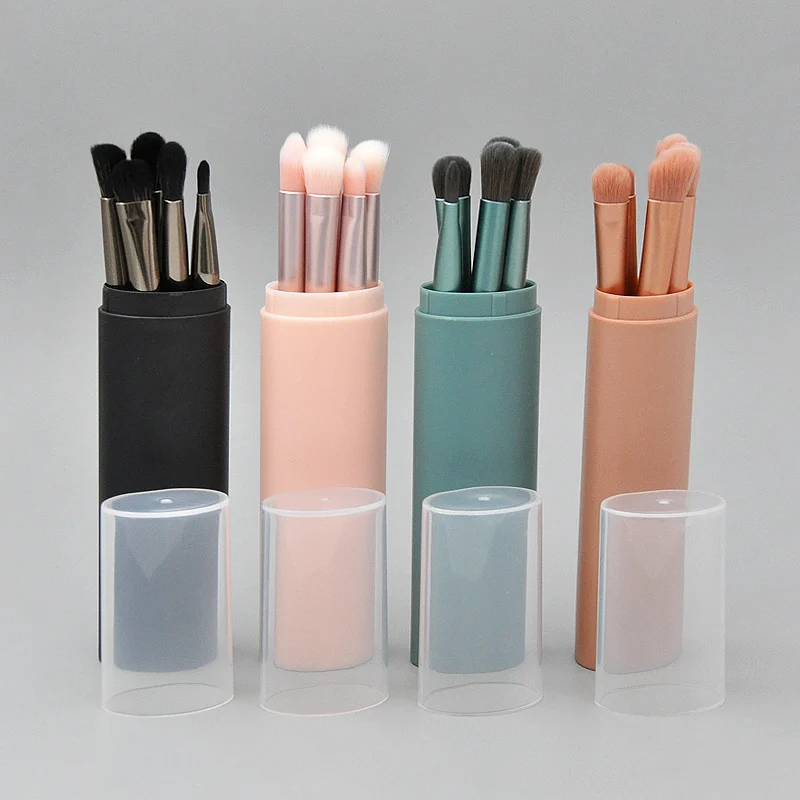 

5PCS Travel Cosmetic Brushes Plastic Handle PVC Transparent Bucket Packaging Portable Eyeshadow Eyebrow Concealer Makeup Brushes