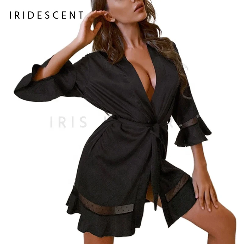 

Iridescent 2021 Hot Selling Mesh Insert Belted Satin Night Robe