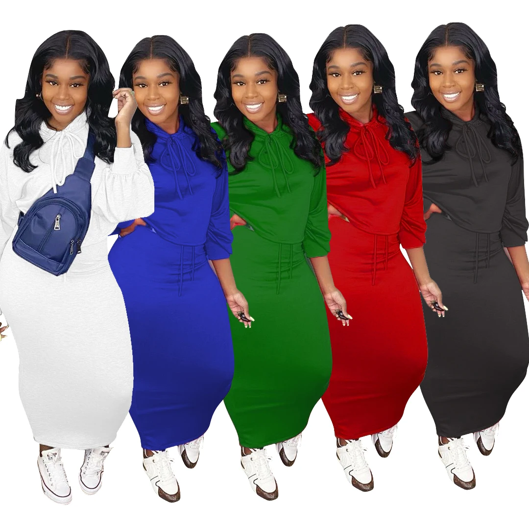 

Foma R6376 hot selling long sleeve hoodie skirt outfits midi dress 2 piece skirt set, As the pic