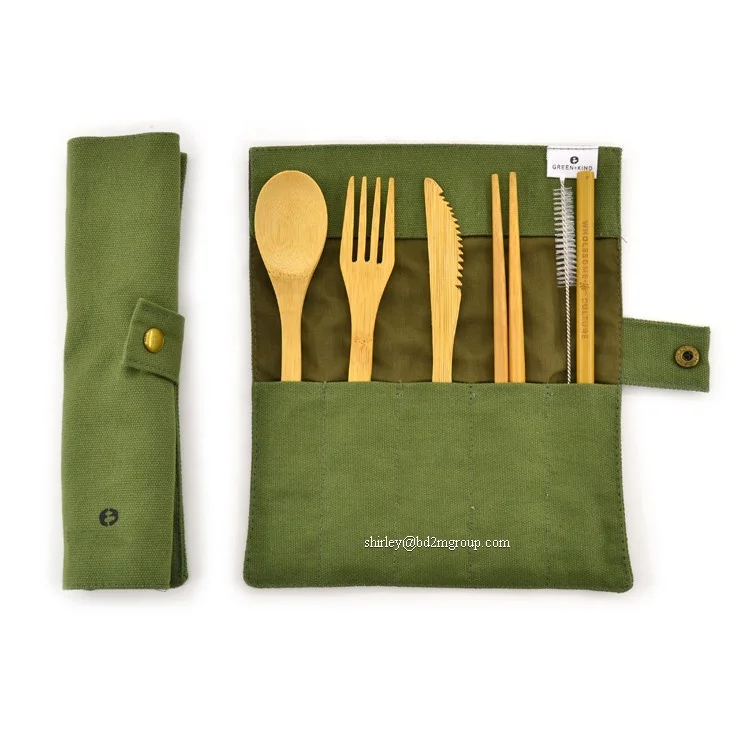 

Wholesale eco friendly bamboo knife fork spoon chopsticks flatware travel reusable cutlery set kids with cotton bag