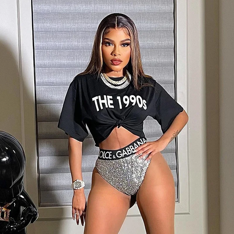 

2022 New Arrivals Letter Print Loose Short T-shirt For Women Summer Graphic Black Short Sleeve Tops
