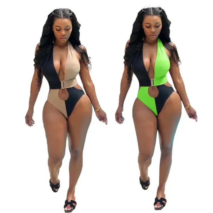 

Halter Traje De Bano Cheap Apparel Green Colorblock Backless Open Deep V Neck Hollow Out One Piece Maillot De Bain Mayo Swimsuit