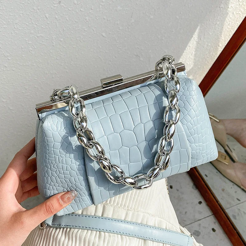 

Luxury fashion solid color crocodile pattern thick chain women hand bags ladies shoulder crossbody purse and handbag, 5 colors