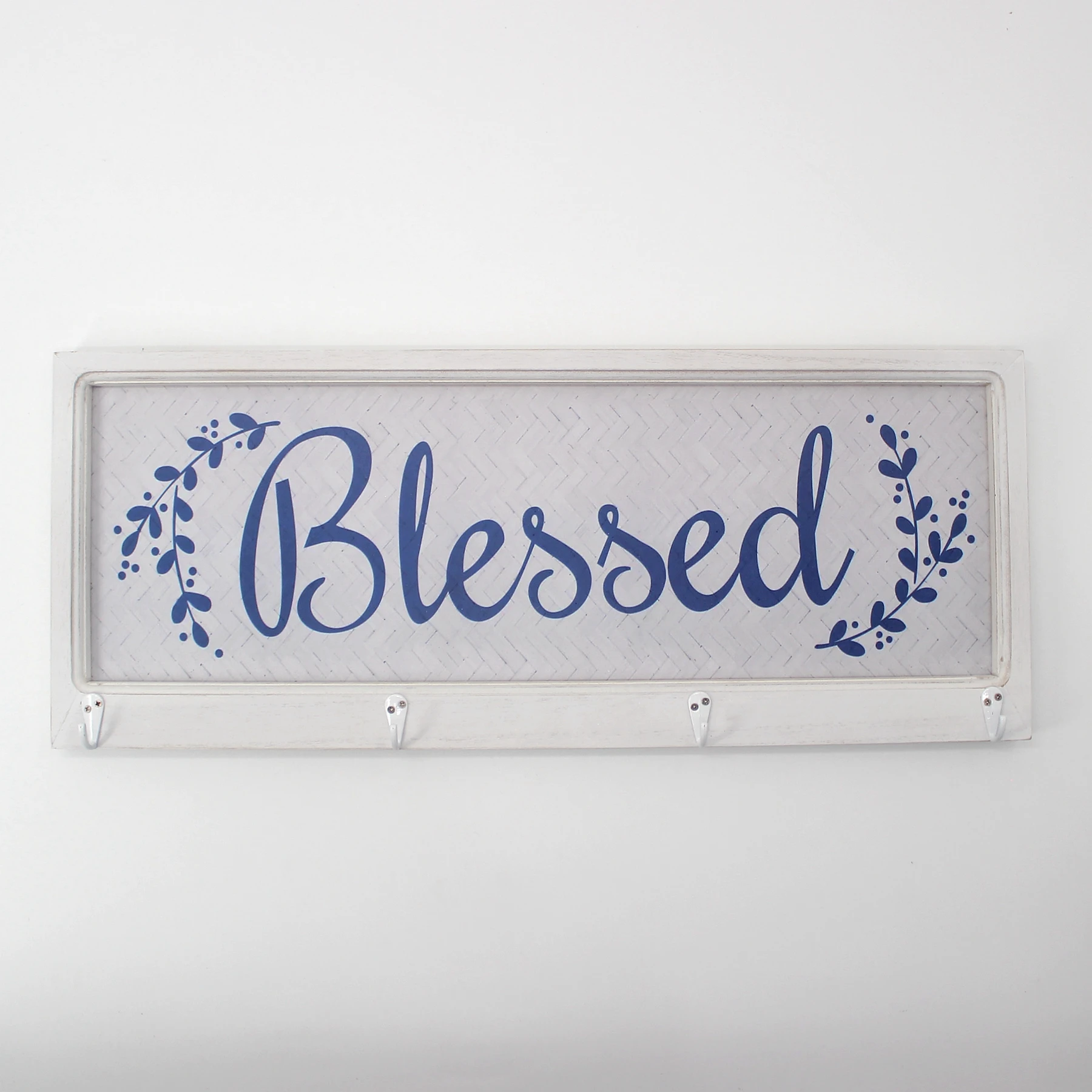
4 hooks Blessed vintage farmhouse white wooden wall mounted coat rack with saying 
