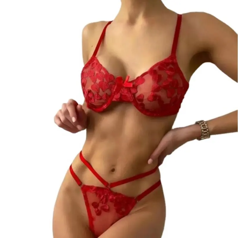 

Amazon New style bra brief sets mesh embroidery lace bow knot perspective sexy women push up bras brief sets