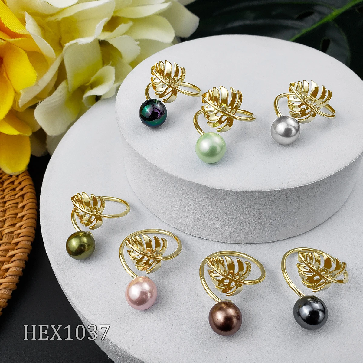 

leaf rings flexible gold plated over brass hawaiian jewelry pearl ring for women whole sale