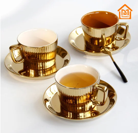 

European Luxury Electroplated Gold ceramic Coffee Cup With Plates and Tableware Porcelain Mmugs Mug Cups Custom Mug, White