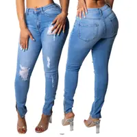 

Wholesale fall clothing for women 2XL plus size light blue skinny jeans fit trouser