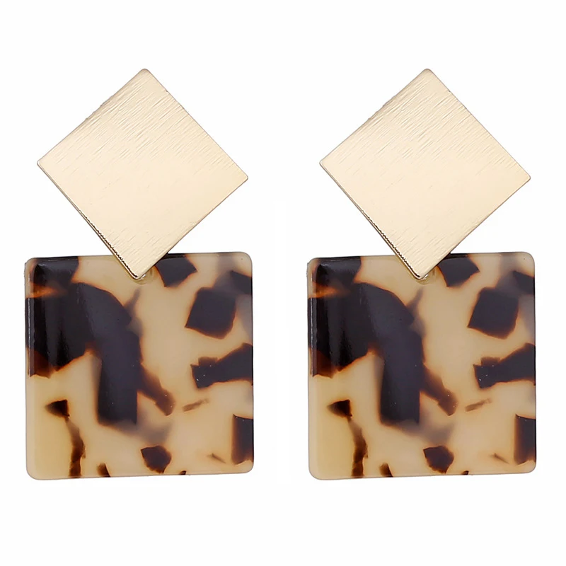 

Wholesale Brushed Gold Metal Mottled Tortie Leopard Printed Resin Acetate Acrylic Women Lady Square Geometric Stud Earrings, As photo