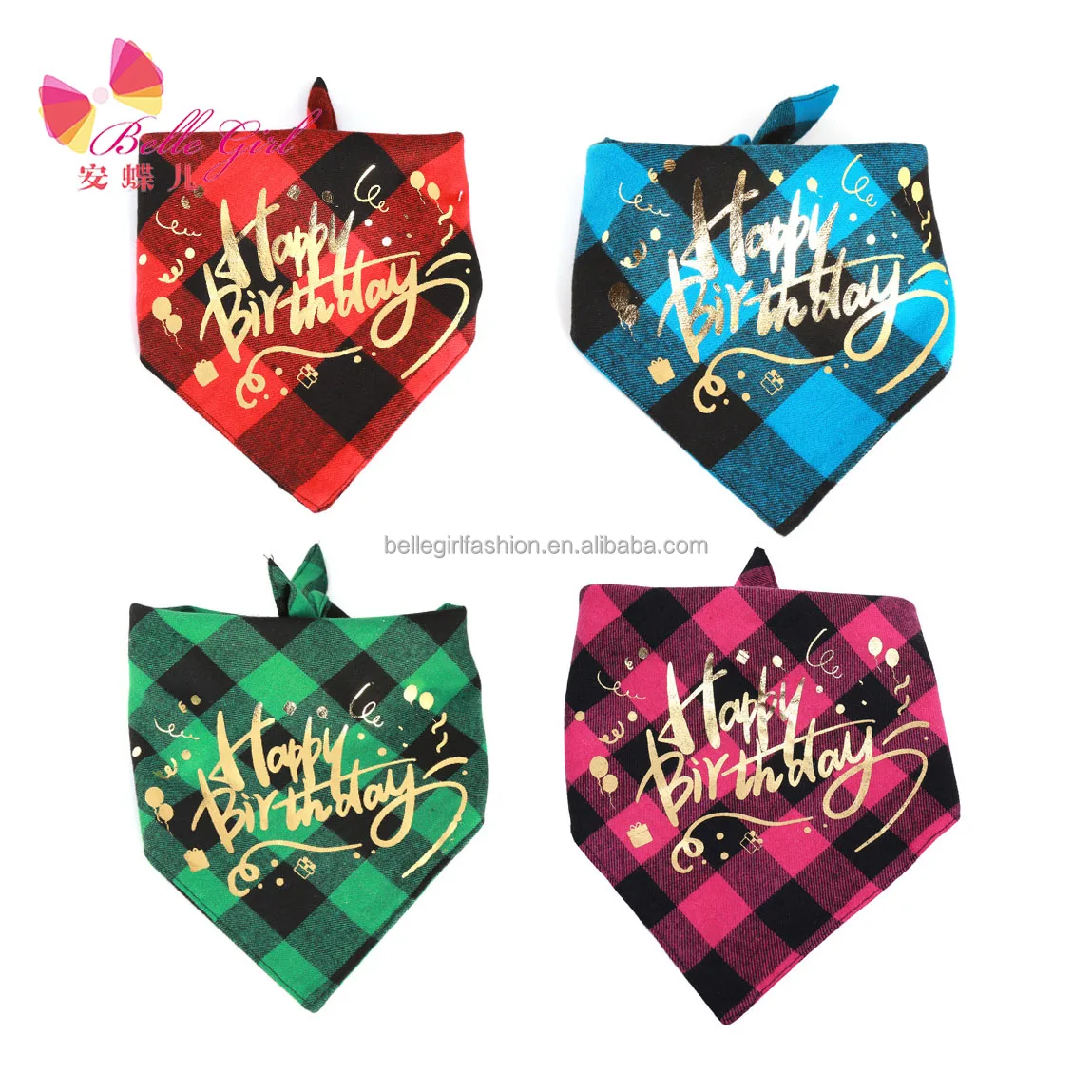 

BELLEGIRL 2021 pet clothes happy birthday party supplies Plaid scarf dog and cat collar 4colors Triangular scarf bandana, As pictures