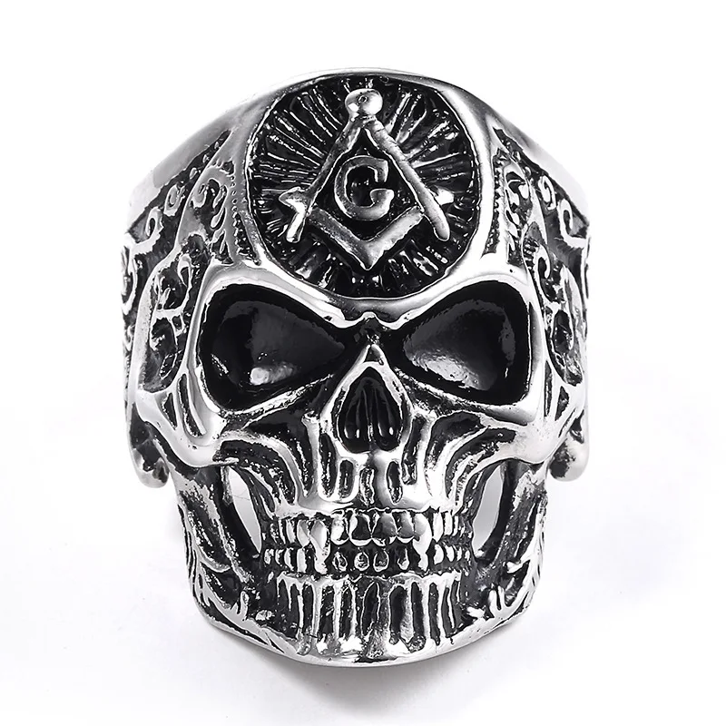 

2020 New Arrivals Retro Skull Biker Rings with Freemason Symbol Masonic Signet for Men, Silver