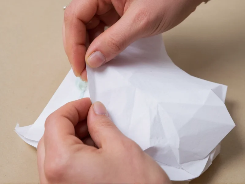 Close-up of hands fixing origami paper tear with water technique