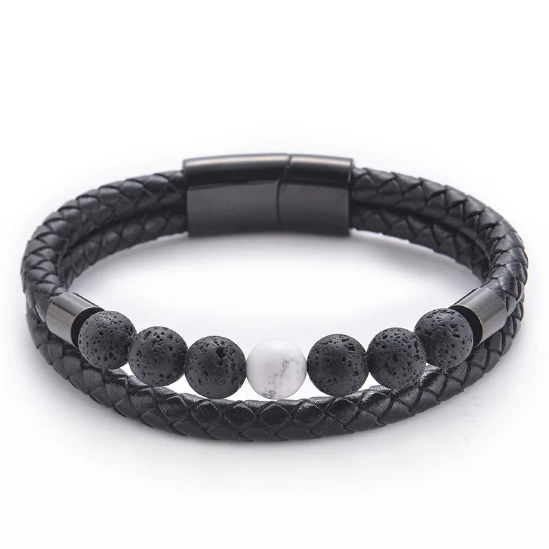 

Hot style European Stainless Steel Magnet Bracelet Retro Genuine Leather Natural Stone Bracelet for Men, As pic