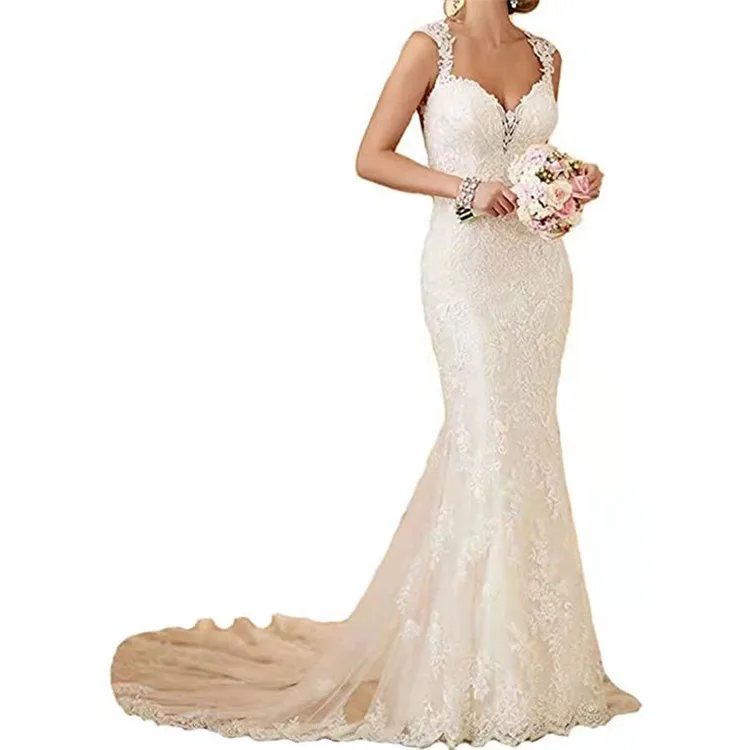 

European And American Amazon Wish Temperament Wedding Dress V-neck Beautiful Long Elegant Simple Fishtail Skirt, Optional