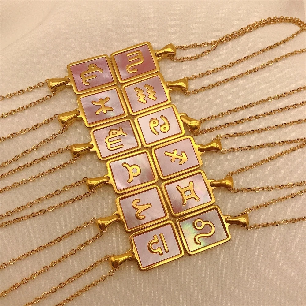 

Women accessories jewelry 18k gold plated 316l stainless steel pendant Pink Shell Zodiac Sign 12 zodiac sign necklace