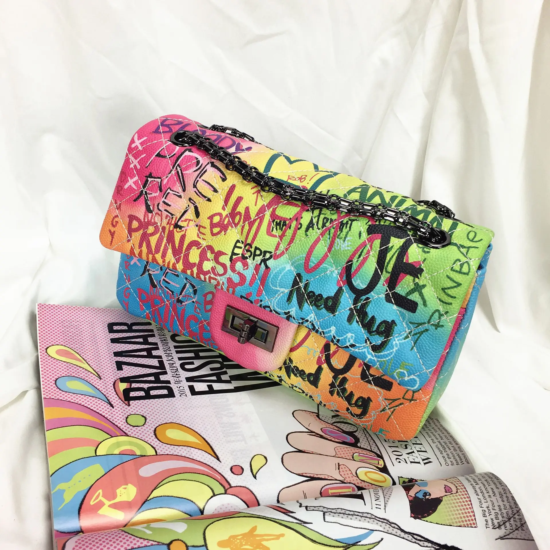 

wholesale 2020 graffiti bag online shopping women rainbow purse chains graffiti shoulder crossbody bag lady graffiti bags