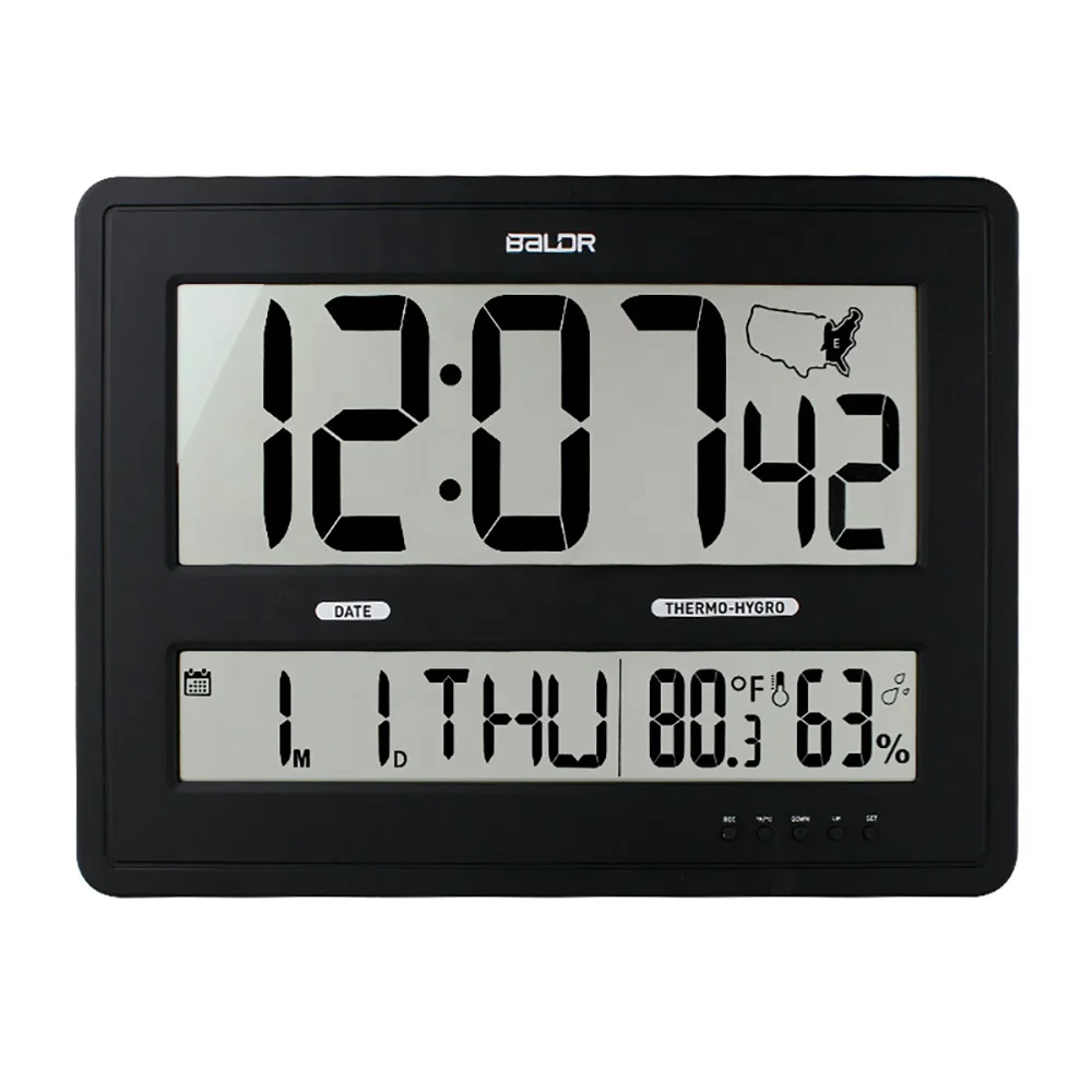 

BALDR B0304 Digital Jumbo Time Zone Clock Calendar With Indoor Temperature Humidity Atomic Clock, Black