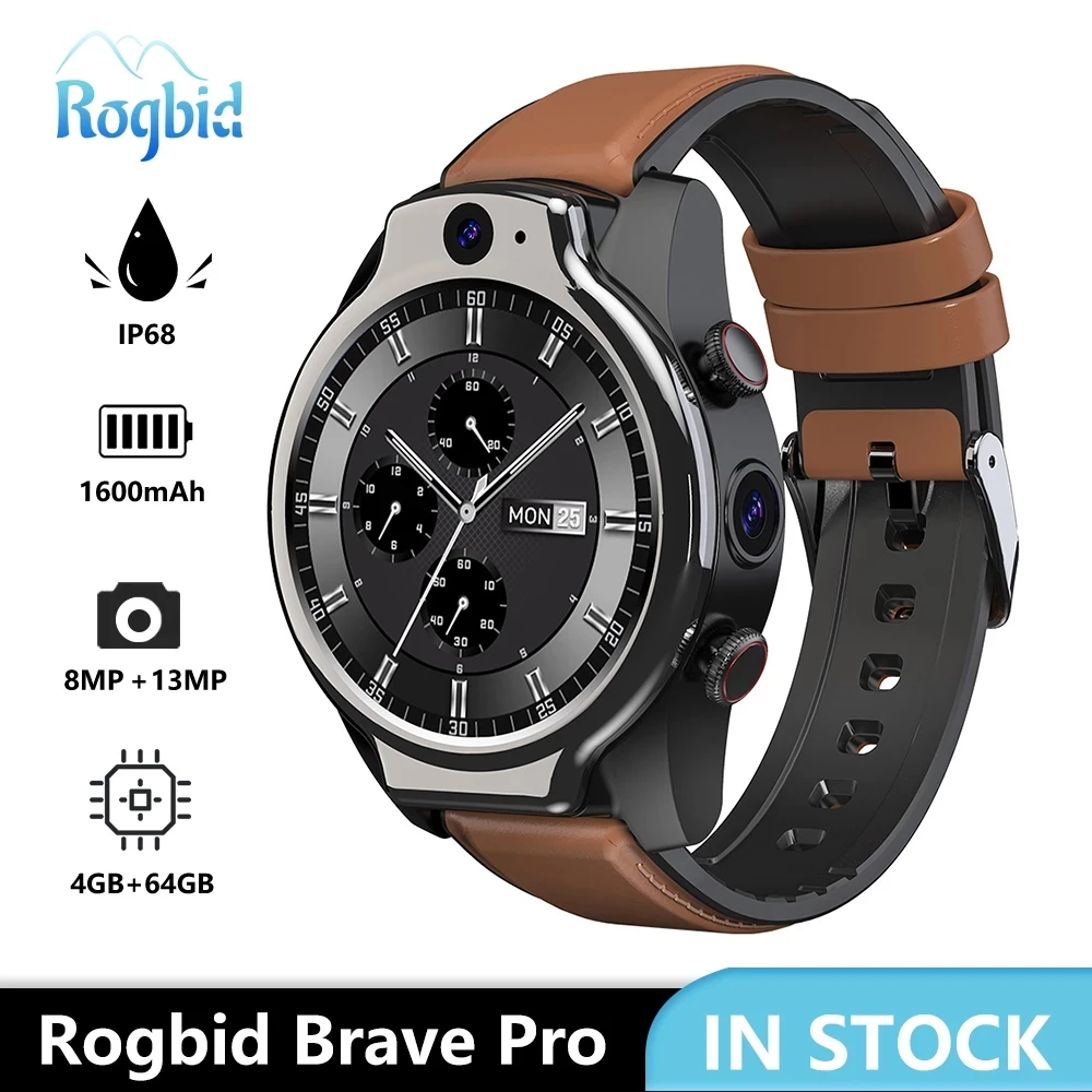 

Rogbid Brave Pro 4G Global Smart Watch Men 4GB 64GB 2 Camera 13MP 1600MAh Android 10 Smartwatch Phone WIFI GPS IP68 Waterproof, Black