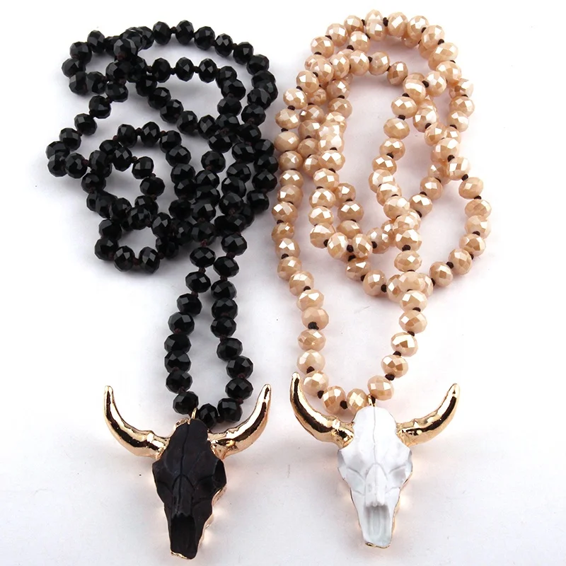 

Women necklace Fashion 8mm Crystal Glass Knotted OX Skull Bull Head Pendant Necklace