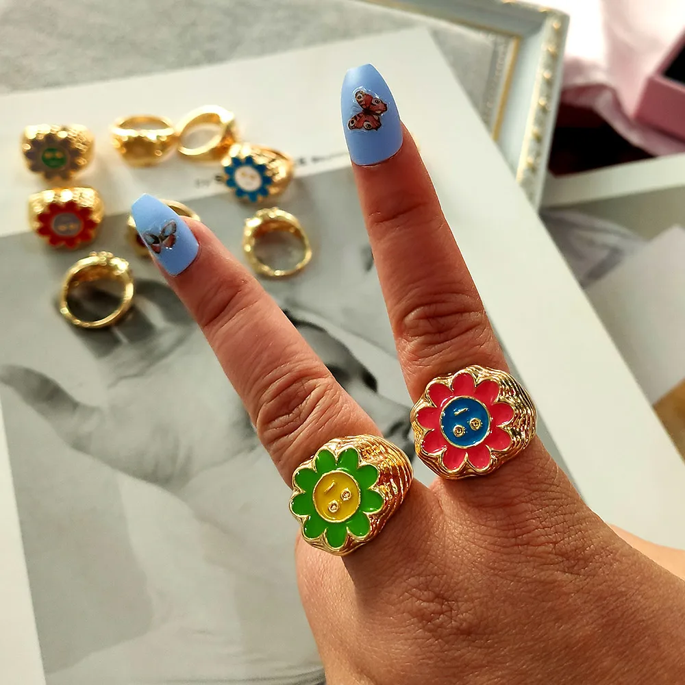 

Silver Gold Plated Cute New Design Charm Multi-color Sunflower Face Chunky Finger Rings For Girls Gift, Mixed