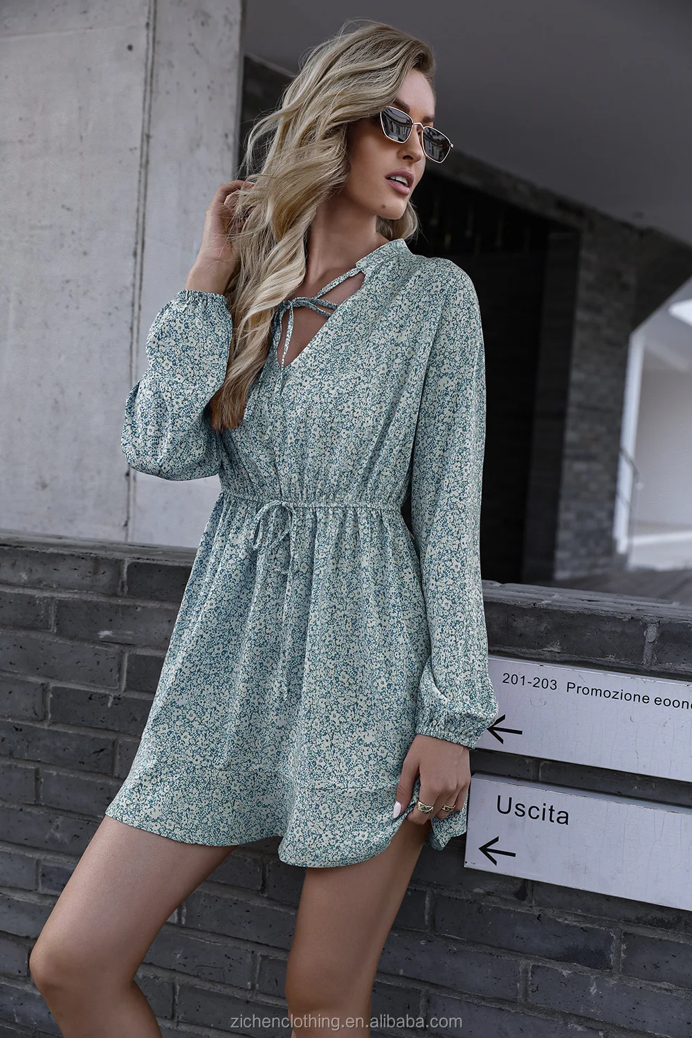 Zc00023 Spring Summer Ladies Fashion Dress Women Casual Solid Color Long  Sleeve Loose Floral Print Cute Dress Woman - Buy Floral Print Dress,Dresses  