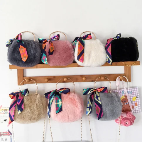 

Good Quality Winter Fur Plush Purses Cute High Metal Handle Long Chain round Handbags For Women, 7 colors