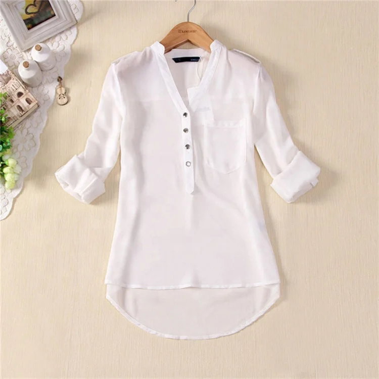 

2019 Women Spring Summer V Neck Solid Elegant Women Blouse Chiffon, 3 colors