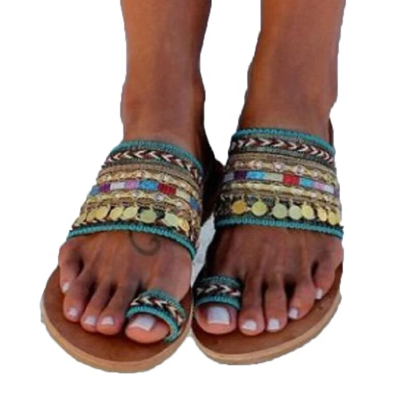 

Women Boho Sandal Greek Style Flip-Flops Ladies Ethnic Clip Toe Flats Slides Summer Shoes Retro flat-bottomed large size slipper, Photos