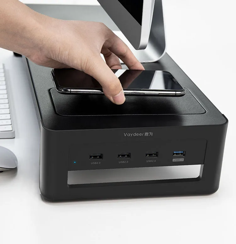 

Multifunction Wireless charging USB3.0 Aluminum Monitor Stand Keyboard And Mouse Storage Desk Organizer, Black