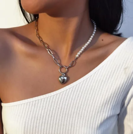 

Pearl Necklace Gold Lariat Pendant Necklace Heart Necklace for Women