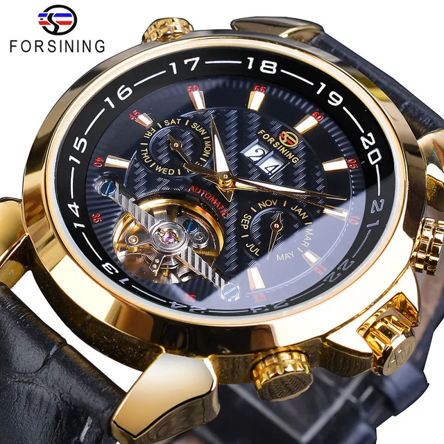 

Forsining Watch Luxury Tourbillon Mens Mechanical Watch Golden Moon Phase Automatic Date Genuine Leather Clock Watches Men Wrist, 7-colors